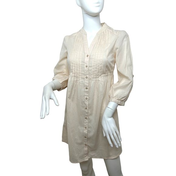 H&M Women’s Mini Dress 2 Peach Button Down 3/4 Sleeve Roll Tab Band Collar VNeck - Picture 1 of 14